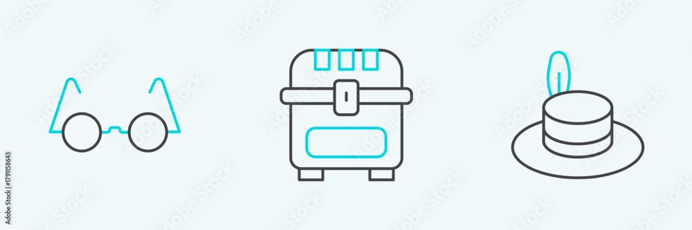 Fototapeta premium Set line Man hat, Eyeglasses and Antique treasure chest icon. Vector
