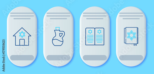 Set line Bottle of olive oil, Tombstone with star david, Jewish synagogue and torah book icon. Vector