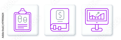 Set line Computer with growth graph, Business finance report and Financial book icon. Vector