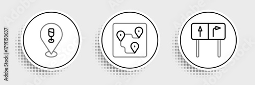 Set line Road traffic sign, Alcohol or beer bar location and Route icon. Vector