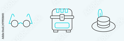 Set line Man hat, Eyeglasses and Antique treasure chest icon. Vector