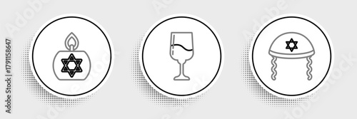 Set line Jewish kippah, Burning candle and goblet icon. Vector