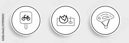 Set line Bicycle helmet, parking and on street ramp icon. Vector