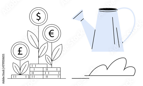 Plants growing from coin stacks with dollar, euro, and pound signs nurtured by a watering can. Ideal for finance, investment, growth, planning, savings profit and sustainability themes. Simple flat