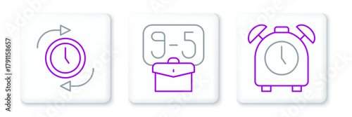 Set line Alarm clock, Clock with arrow and From 9 icon. Vector
