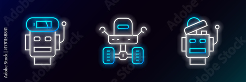 Set line Robot, low battery charge and Mars rover icon. Glowing neon. Vector