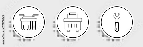 Set line Wrench spanner, Water filter and Toolbox icon. Vector