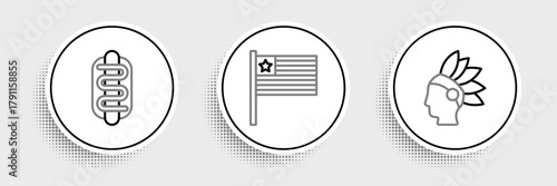 Set line Native American Indian, Hotdog sandwich and flag icon. Vector