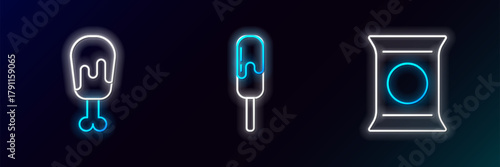 Set line Bag or packet potato chips, Chicken leg and Ice cream icon. Glowing neon. Vector