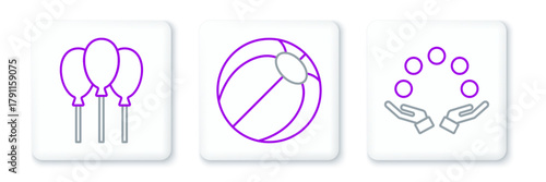 Set line Juggling ball, Balloons with ribbon and Beach icon. Vector