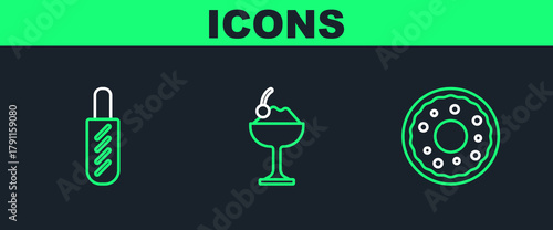 Set line Donut, Hotdog sandwich and Ice cream in bowl icon. Vector