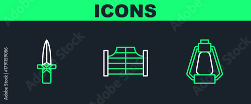 Set line Camping lantern, Dagger and Saloon door icon. Vector