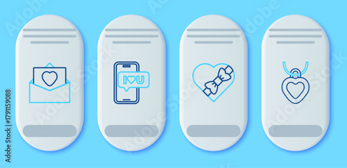 Set line Mobile with heart, Candy in shaped box, Envelope Valentine and Necklace icon. Vector