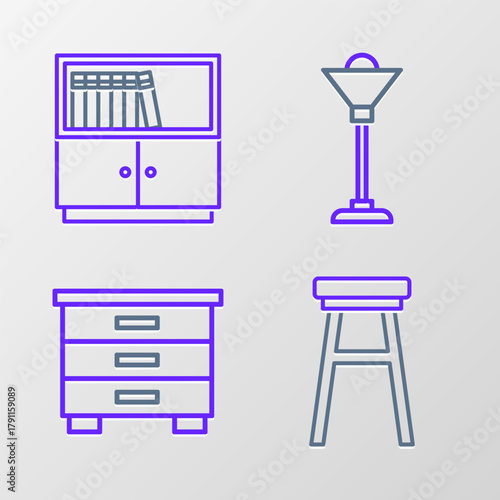 Set line Chair, Furniture nightstand, Floor lamp and Library bookshelf icon. Vector