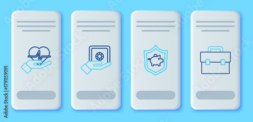 Set line Safe in hand, Piggy bank with shield, Life insurance and Briefcase icon. Vector