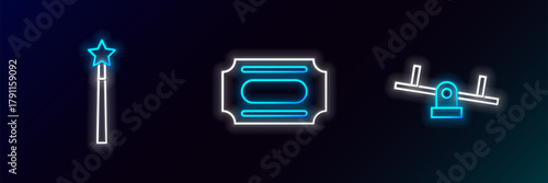 Set line Seesaw, Magic wand and Circus ticket icon. Glowing neon. Vector