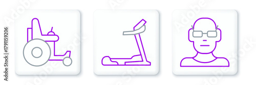 Set line Poor eyesight, Electric wheelchair and Treadmill machine icon. Vector