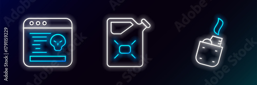 Set line Lighter, System bug and Canister fuel icon. Glowing neon. Vector