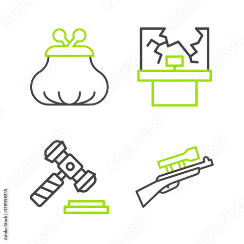 Set line Sniper rifle with scope, Judge gavel, Broken window and Wallet icon. Vector