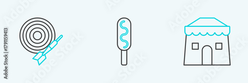 Set line Circus tent, Classic dart board and arrow and Corn dog icon. Vector