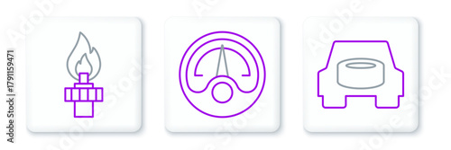 Set line Spare wheel in the car, Oil rig with fire and Motor gas gauge icon. Vector