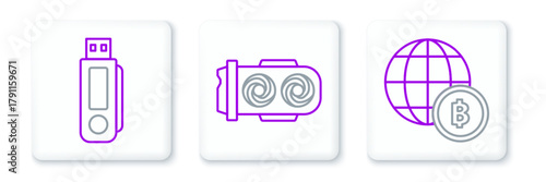 Set line Globe and cryptocurrency coin Bitcoin, USB flash drive and Mining farm icon. Vector