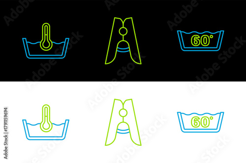 Set line Temperature wash, and Clothes pin icon. Vector