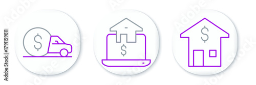 Set line House with dollar, Car rental and Online real estate icon. Vector
