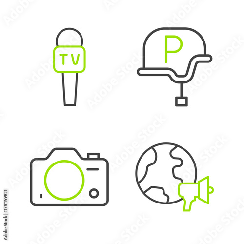 Set line World news, Photo camera, War journalist and Microphone icon. Vector