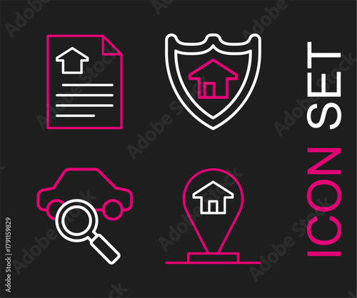Set line Location house, Car sharing, House with shield and contract icon. Vector