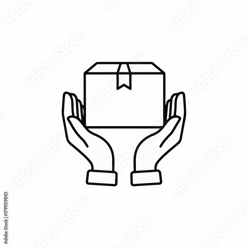 Hands holding gift box with ribbon in minimalist style. Hands present carefully wrapped package on white background. Concept of generosity and gifting for online promotions and discounts.