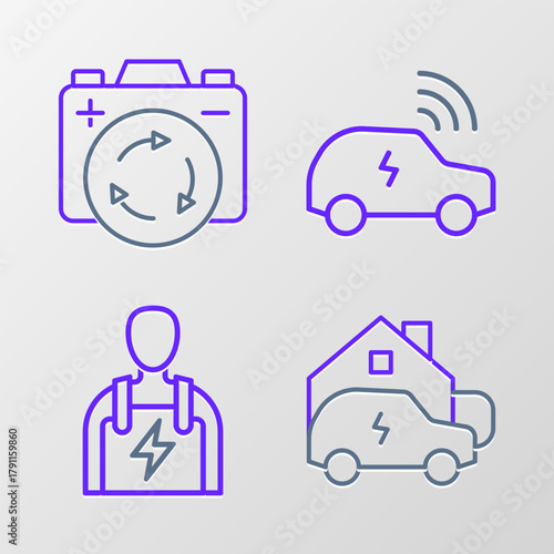 Set line Charging car at home, Car mechanic, Smart system and Battery with recycle symbol icon. Vector