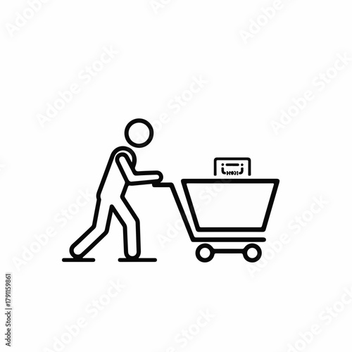 Person pushing shopping cart with square box illustration, symbolizing online shopping and retail experience. Shopping cart represents convenience and efficiency in purchasing goods.