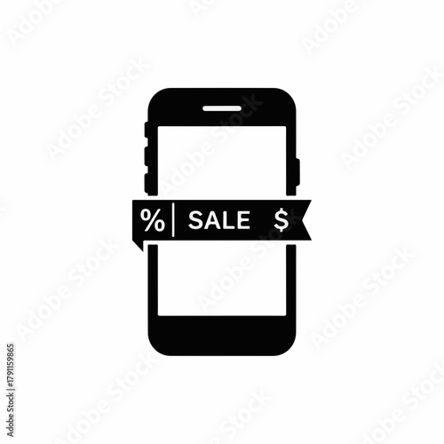 Smartphone with sale banner promoting discounts and special offers for online shoppers. Mobile phone displays vivid sale label highlighting savings for shoppers interested in digital deals.