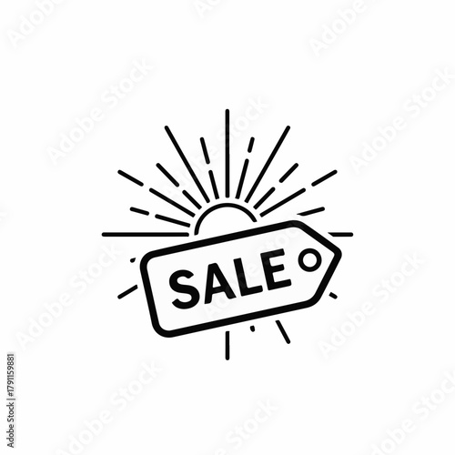 Sale tag with rays of sunshine behind, emphasizing promotional offers in a stylish design. Sale tag showcases bright typography surrounded by radiating lines, creating a vibrant visual for marketing.
