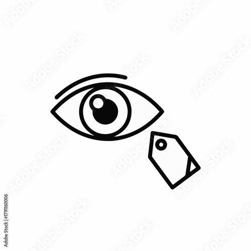 Eye icon with price tag representing discounts and savings for retail promotions. Eye illustration showcases attention to sales, combined with shopping themes for effective marketing.