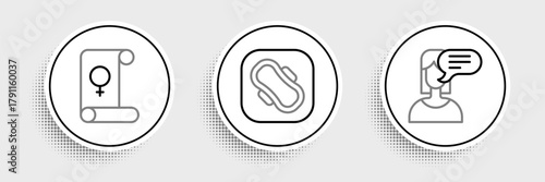 Set line Female opinion, Feminism and Sanitary napkin icon. Vector