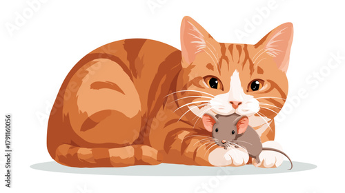 Vector illustration of a cat with a mouse in it´s mouth isolated on a white background