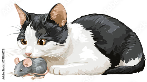 Vector illustration of a cat with a mouse in it´s mouth isolated on a white background
