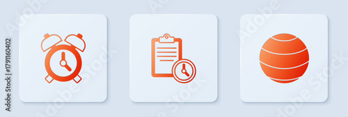 Set Sport training program, Alarm clock and Fitness ball. White square button. Vector