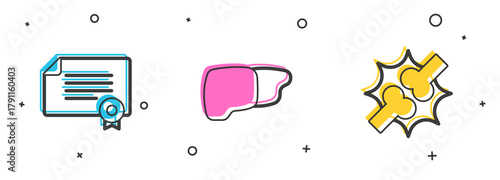Set Certificate template, Human organ liver and Joint pain, knee pain icon. Vector