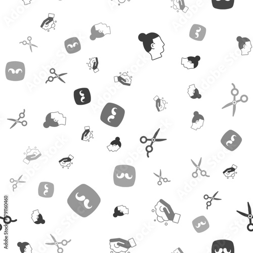 Set Hairstyle for men, Shaving foam on hand, Scissors hairdresser and Barbershop on seamless pattern. Vector