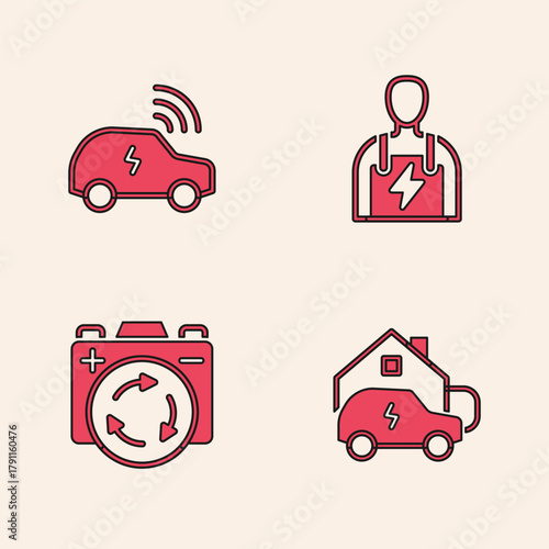 Set Charging car at home, Smart system, Car mechanic and Battery with recycle symbol icon. Vector