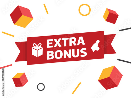 Red ribbon banner announces an extra bonus with floating cubes and confetti