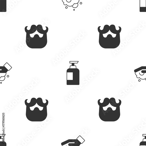 Set Shaving foam on hand, Bottle of shampoo and Mustache beard on seamless pattern. Vector