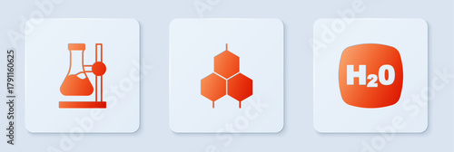 Set Chemical formula, Test tube flask on stand and H2O. White square button. Vector