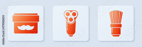 Set Electric razor blade for men, Cream or lotion cosmetic jar and Shaving brush. White square button. Vector