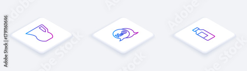 Set Isometric line Jug glass with water, Chemical formula for H2O and Bottle of. White square button. Vector