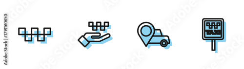 Set line Location with taxi, Taxi car roof, Hand and Road sign for stand icon. Vector