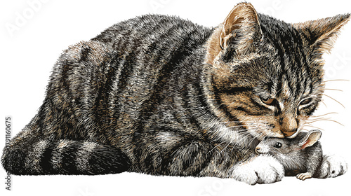 Vector illustration of a cat with a mouse in it´s mouth isolated on a white background